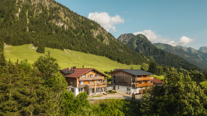 Drohnenaufnahme des Hauses mit Blick auf die Berge und Bäumen im Vordergrund